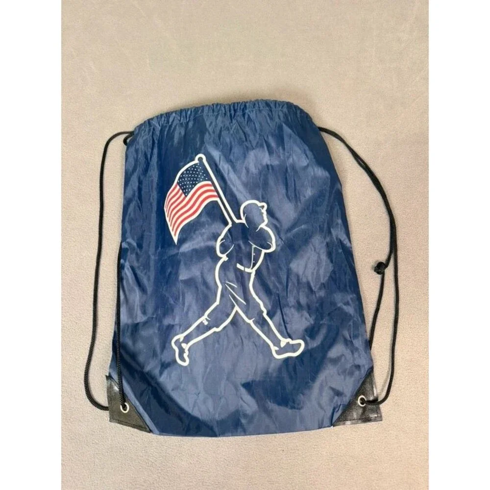 Baseballism Silhouette Baseball Player Flag Navy Blue Nylon Drawstring Backpack